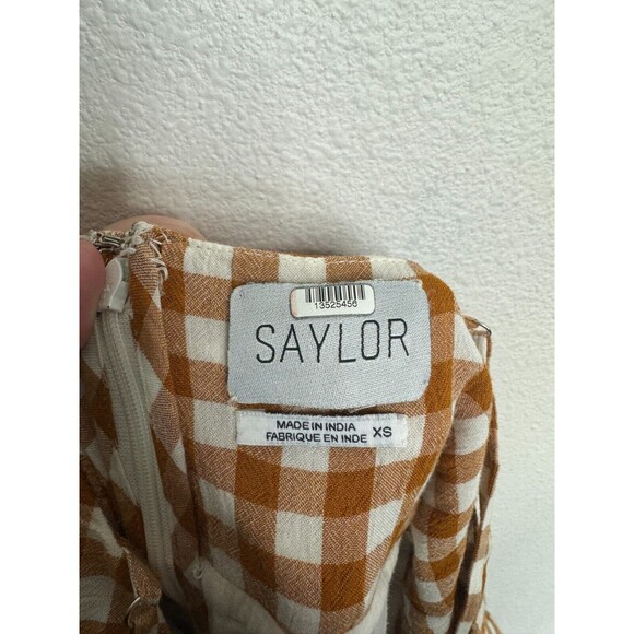 SAYLOR XS Laken Gingham Jumpsuit In Apricot Peplum Top V-Neck Ruffle Knot Front - Picture 15 of 16